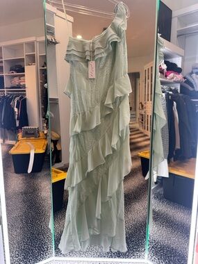 Petal & Pup One-Shoulder Ruffle Maxi Dress in Sage